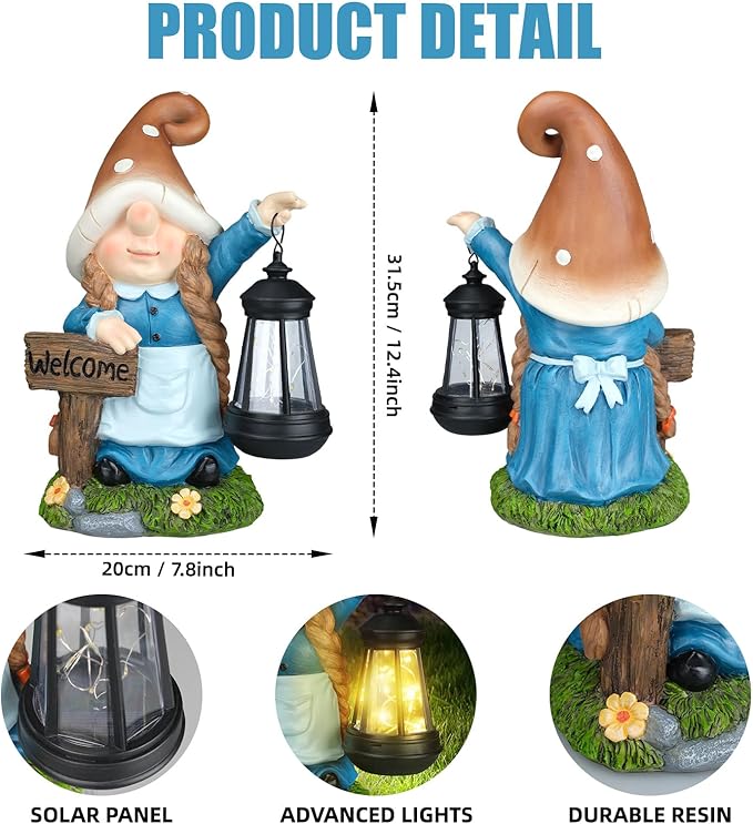 Solar Large Gnome Garden Statue with Welcome Sign Outdoor Decor with LED Lantern Funy for Porch Yard Patio Lawn Ornament Christmas Housewarming Gardening Gift