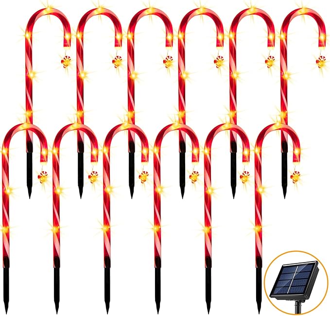 12 Pack Christmas Candy Cane Lights Outdoor Solar Pathway Lights Christmas Decorations Waterproof Driveway Walkway Markers Yard Garden Home Xmas Decor, 2-in-1 Rechargeable Solar Power