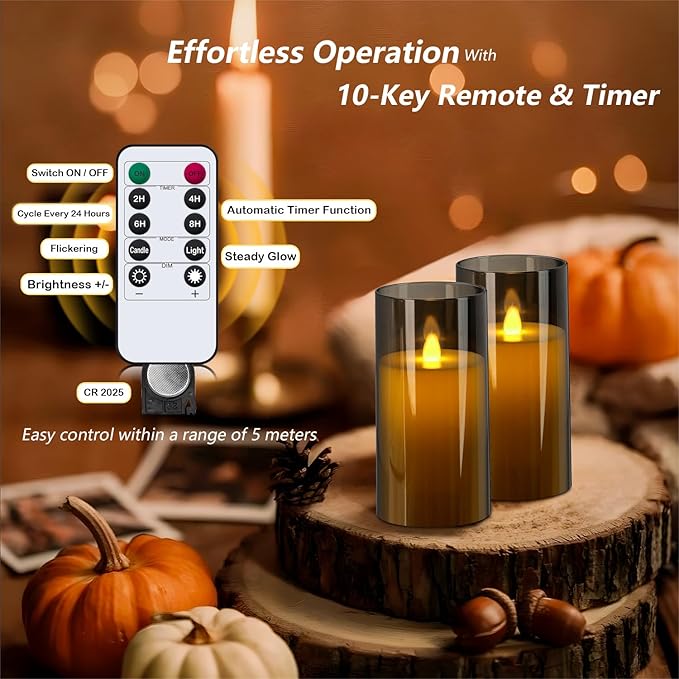 Metaku Flickering Flameless Candles Battery Operated 3D Moving Wick LED Candles with Remote, Set of 2 Grey Acrylic Electric Candles for Christmas Halloween Valentines Wedding Home Decor,D 3"×H 6"