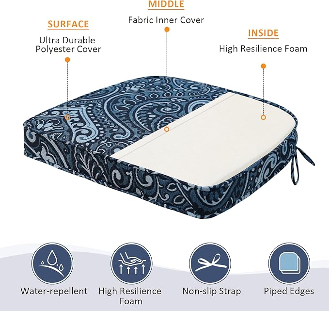 Round Corner Seat Cushions, 17" x 16" x 2", Set of 4, Indoor Outdoor Water Repellent Universal Chair Pads with Ties for Patio Furniture, Garden Deck Dining Chairs, Damask Blue Flower