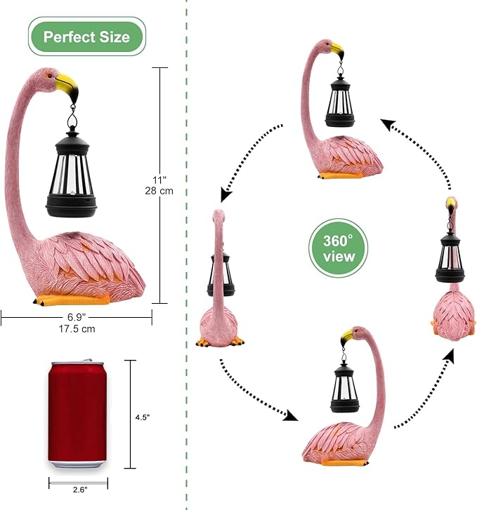 Solar Flamingo Statues for Garden Decor: Outdoor Figurines Sculpture with Lantern for Lawn Patio Yard Balcony - Gifts for Mom Grandma