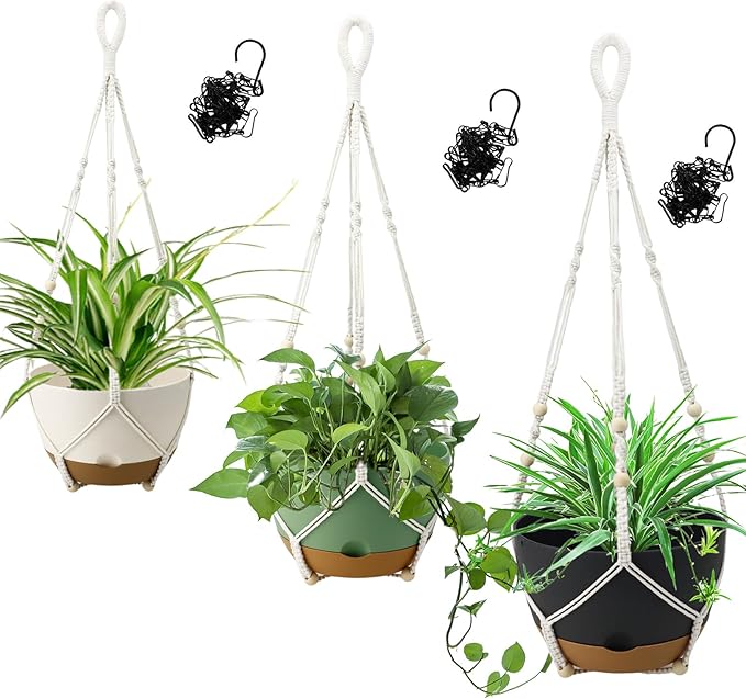 3 Pack Hanging Planters Set, 8 Inch Indoor Outdoor Hanging Plant Pot Basket,Hanging Flower Pot with Drainage Hole with 3 Hooks for Garden Home(8 inch Combination)