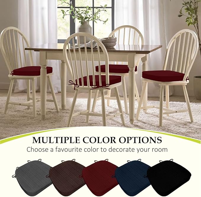 Chair Cushions for Dining Chairs, Indoor Chair Cushions with Ties，Waterproof Chair Pads Set of 6, Burgundy, 17x16x2.5 Inch