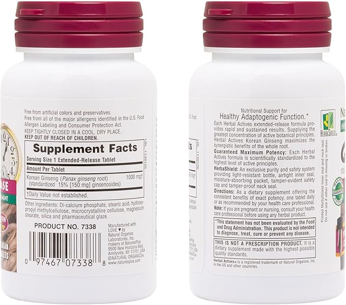 NaturesPlus Herbal Actives Korean Ginseng, Extended Release 1000 mg, 30 Vegan 30 Servings