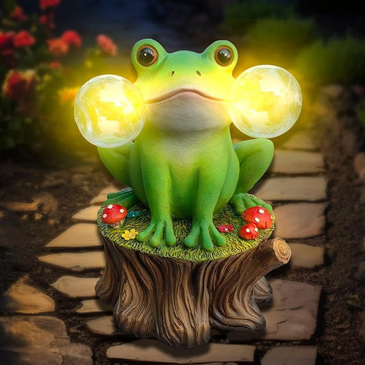 Solar Frog Garden Decor - Mushroom Outdoor Statue for Garden Ornaments, Lawn, Flower Bed, Pond, Patio, Porch - Frog Gifts for Women, Mom, Grandma