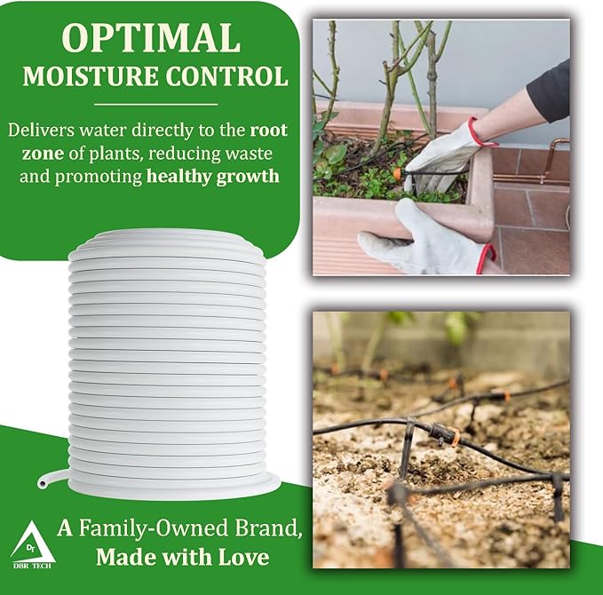 1/4 Drip Irrigation Tubing, 100 Feet, Flexible PVC Plastic Drip Irrigation Hose for Gardening, Misting, Hydroponics and DIY Landscape Garden Projects, Blank Distribution Tubing (100ft, White)