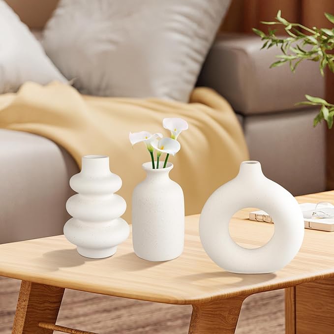 Ceramic Vase Set of 3, Small Flower Vase for Home Decor, Decorative Vases for Pampas Grass & Dried Flowers, Living Room, Bedroom, Bathroom, Shelf Centerpiece Table Decorations