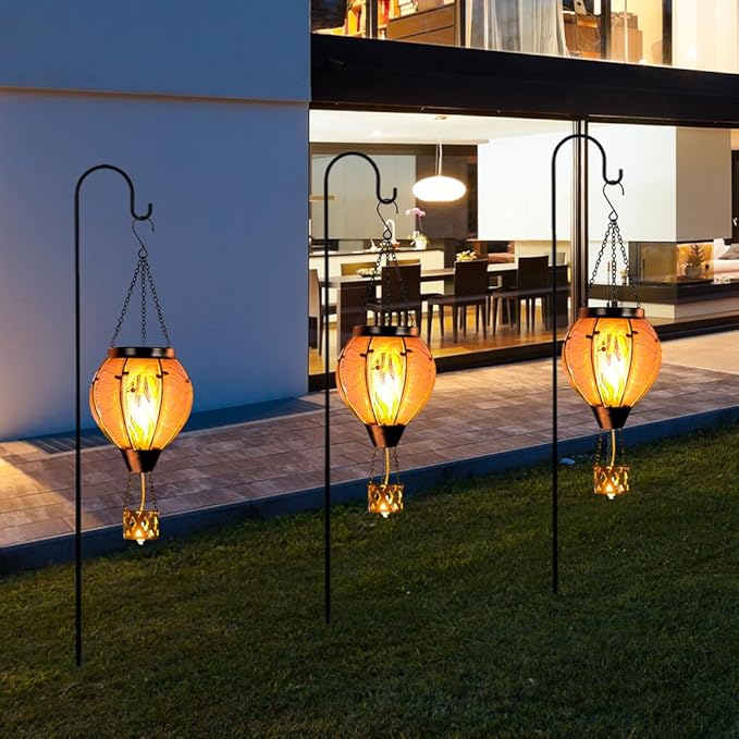 Blue Fish Hot Air Balloon Solar Lantern with Flickering Flame Light,Glass Hanging Solar Lanterns Outdoor Waterproof,Hot Air Balloon Decorative Lights for Patio Yard Porch Garden Gift for Women