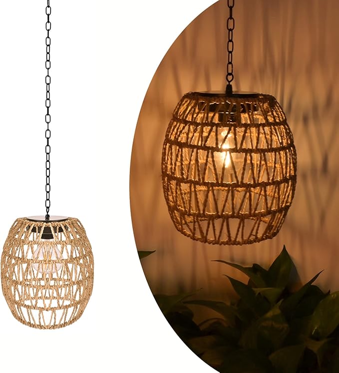 Boho Pendant Solar Light Rustic Hand-Woven Rattan Chandelier Coastal Retro Lamp Wedding Garden Courtyard Hallway Entryway Decoration.