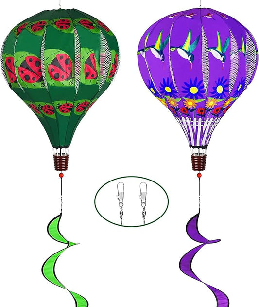 2 PCS Gaint Hot Air Balloon Wind Spinners 59 inch Garden Wind Spinner Large Hummingbird Ladybug Spinners Hanging Wind Socks Twisted Whirlygig Windmill for Yard Garden Lawn Outdoor Decorations