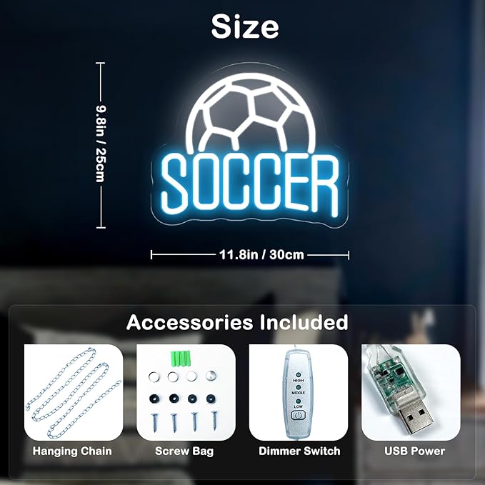 Soccer Neon Sign Dimmable LED Neon Signs for Wall Decor, Football Neon Light Sign for Bedroom Man Cave Gaming Room Party College Club Decor Sports Soccer Players Lover Gifts