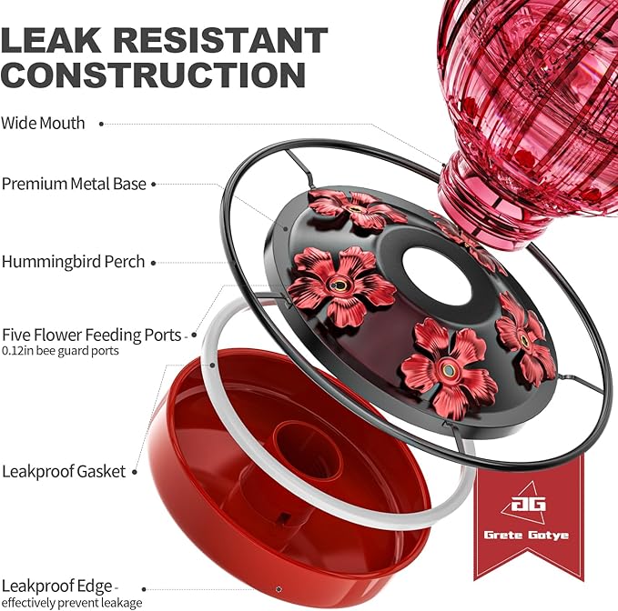 2 Pack Glass Hummingbird Feeder for Outdoors Hanging, Bird Nectar Feeder with Perch & 5 Flower Feeding Ports, 26 Oz Leak Proof for Outside Garden Decor Backyard, Gifts for Women Mom, Red