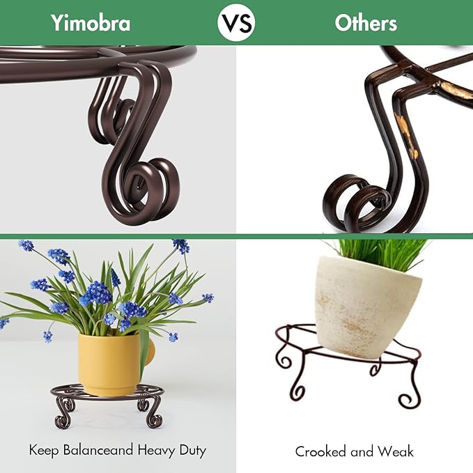 Yimobra 2 Pack Plant Stand for Flower Pot Heavy Duty Potted Holder Indoor Outdoor Metal Rustproof Iron Garden Container Round Supports Rack for Planter Bronze, Brown, 9.4 Inches
