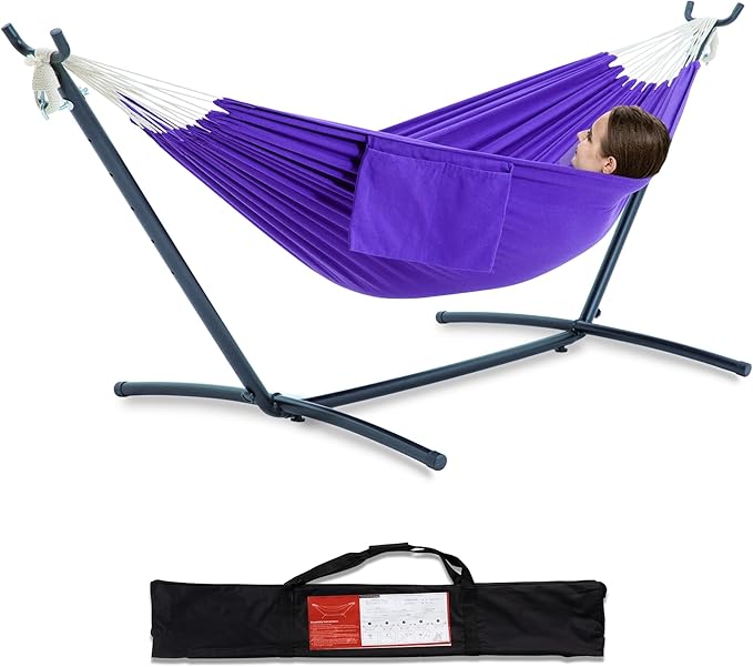 PNAEUT Double Hammocks with Stand for Outside, Portable Space Saving Heavy-Duty Steel Stand for Indoor Outdoor Patio with Carrying Bag, 450 lbs Capacity (Purple)