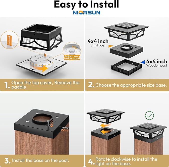 NIORSUN Solar Post Cap Lights Outdoor, 2 Modes LED, Deck Fence Post Solar Lights for 3.5x3.5 4x4 Caps Patio Garden Decoration, Warm White/Cool White Lighting Black 4 Pack