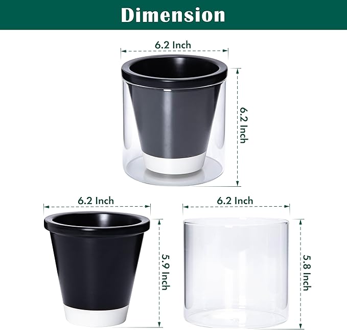 D'vine Dev 6 Inch Design Self Watering Planter for Indoor Plants, Black Terracotta Pot with Cylinder Glass Cup, Set of 2, 37-Y-B-3