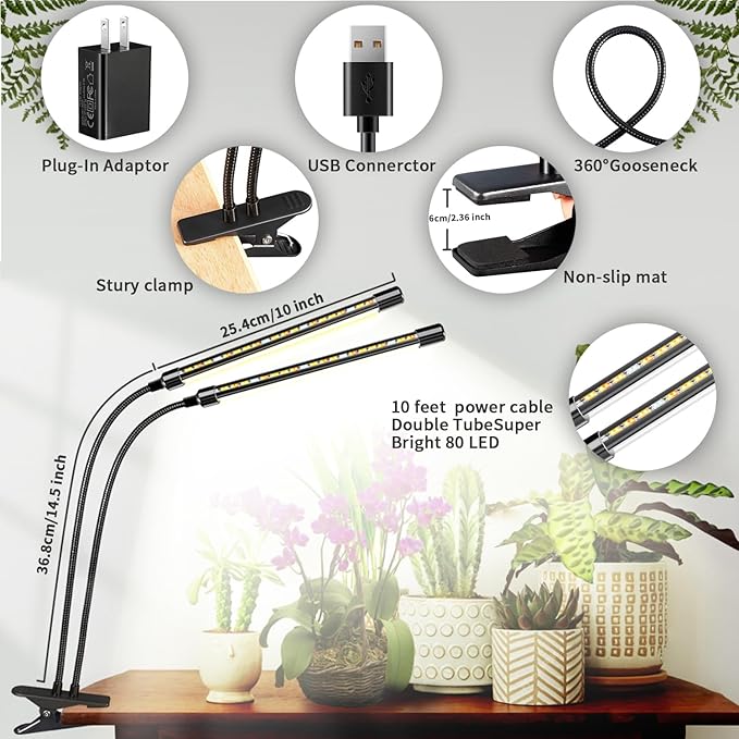 Full Spectrum LED Grow Light for Indoor Plants, 2 Heads Grow Lights for Seed Starting, 10 Dimmable Levels & 3 Timer Modes (3/9/12H), Adjustable 360° Gooseneck with Clip, Plant Grow Lights