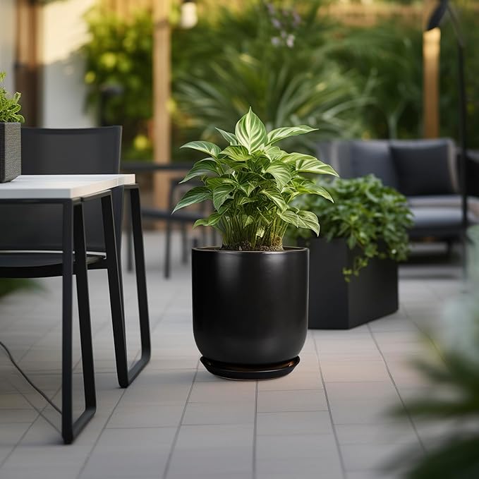 Ceramic Planter Pot - 12 Inch Large Plant Pot with Drainage Hole and Saucer Modern Flower Pot for Indoor Outdoor Plants Home Garden Decor Black
