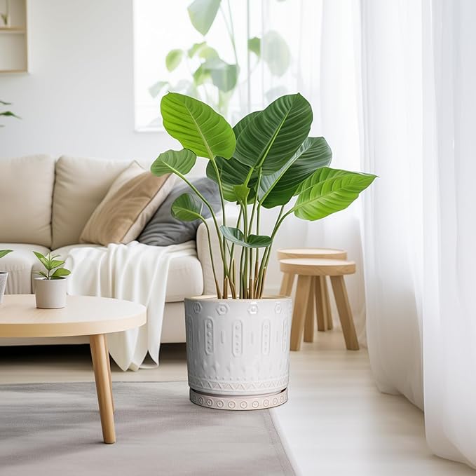 Ceramic Planter Pot - 10 Inch Plant Pot for Indoor Outdoor Plants Round Large Flower Pot with Drainage Holes and Saucer for Home Garden Patio Decor White