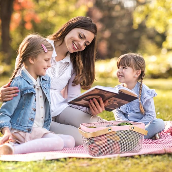 Portable Mesh Harvest Basket - Natural Bamboo Handle Foldable Organizer for Kitchen, Garden & Picnic | Ventilated Storage Bin with Rust-Proof Wire, Space-Saving Farmhouse Decor (Pink)