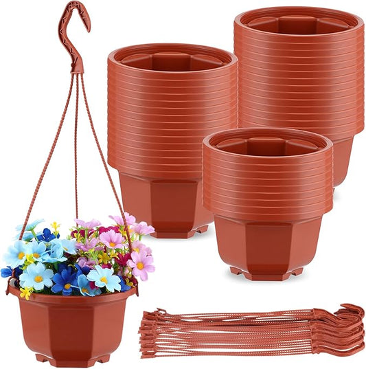 Roshtia 24 Pcs Hanging Plastic Planter Pot with Hook Flower Pots Baskets Hanging Nursery Planter Holder for Outdoor Indoor Plant Garden(Brown,6 Inch)