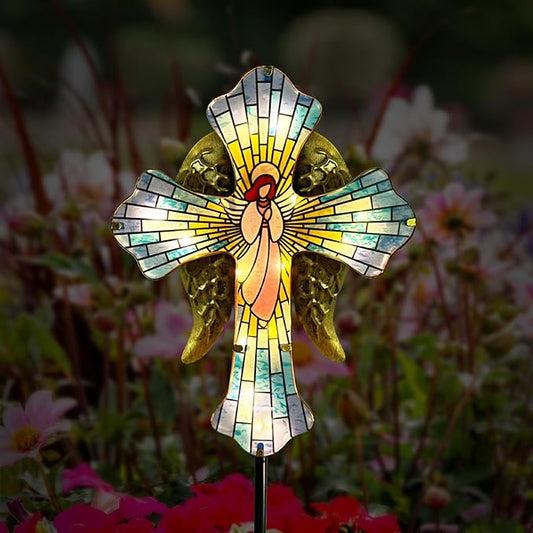 Solar Cross Garden Stake Lights for Outdoor Garden,Cemetery,and Yard Decor,Angel Wings Cross Solar Christmas Lights Outdoor,Memorial Gifts Angel