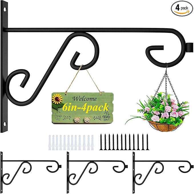 Hanging Plant Hanger 4Pcs Plant Hanger Wall Hooks,6in Metal Plant Bracket Hook for Outdoor or Indoor Hanging Flower Baskets,Wind Chimes,Solar Lanterns