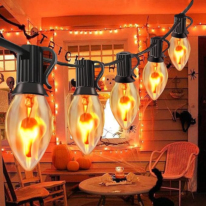 C7 Christmas Flicker Flame String Lights, 25Ft C7 Outdoor Christmas Decorations String Lights with C7 Clear Flicker Flame Bulbs, Hanging Patio Lights for Christmas Halloween Party Garden Porch-Black