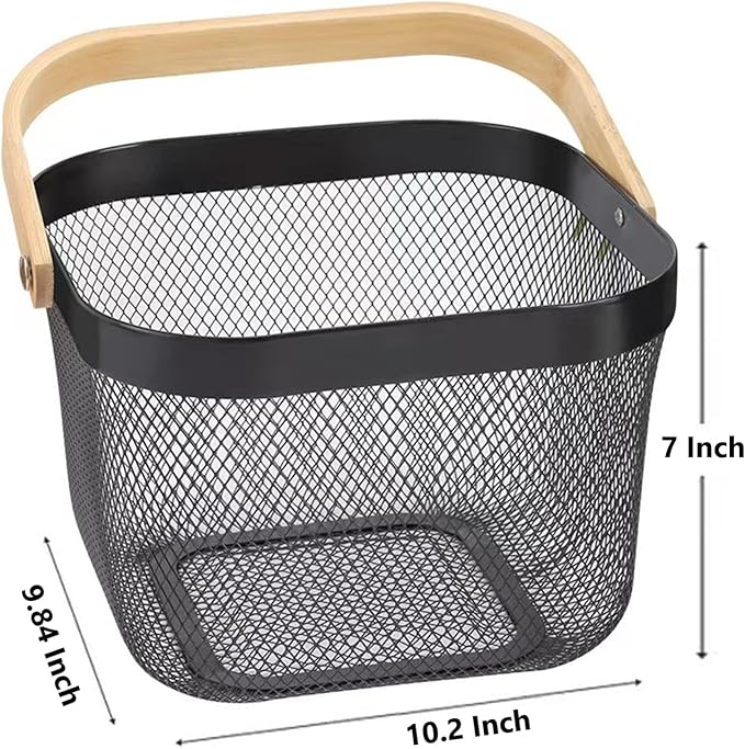Metal Mesh Steel Basket, Storage Organizer Basket Multi-functional Hanging Kitchen Baskets Fruit Basket Bin with Bamboo Handle for Kitchen Bathroom Picnic Shopping Decor Cabinet Home, Black
