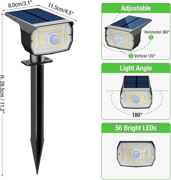 [ 8 Pack/56 LED ] Solar Lights Outdoor Motion Sensor, Spot Landscape Lighting with 3 Modes, Waterproof Spotlights Dusk to Dawn for Outside Yard Tree Garden Pathway Sidewalk Driveway, Cool White
