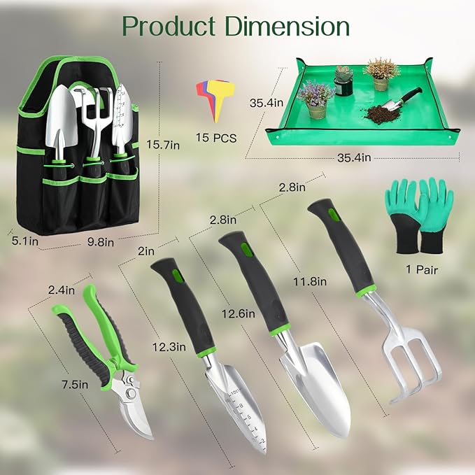 Gardening Tools Set, 8PCS Heavy Duty Garden Tools with Non-Slip Rubber Grip with Large Garden Bag for Tools Aluminum Alloy Hand Tools for Gardening,Gardening Gifts for Women and Men, Green