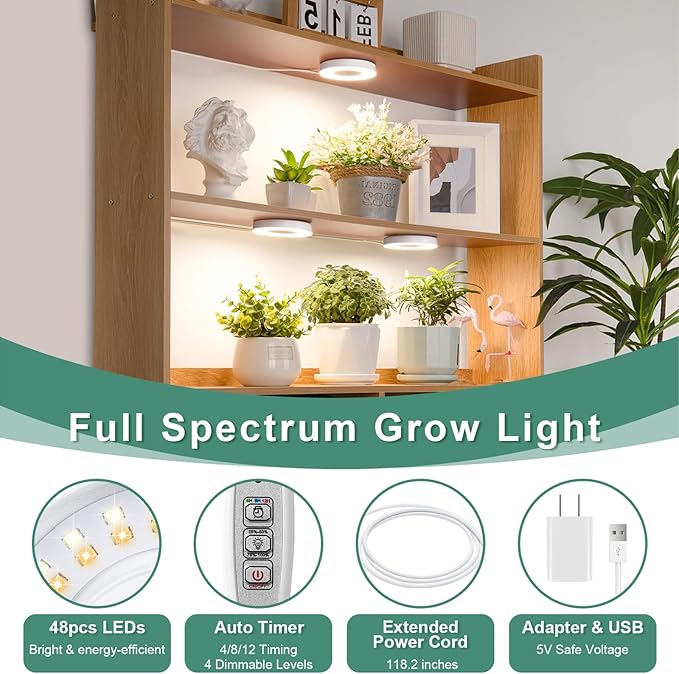 LORDEM Grow Light for Indoor Plants, 48 LEDs Ceiling Full Spectrum Plant Light, 5V Corded Growing Lamp with 4/8/12H Auto Switch, 4 Dimmable Brightness Levels, Single-Head, 3 Pack