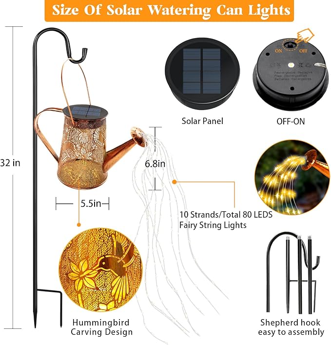 Solar Watering Can Lights, Hummingbird Gifts for Women Mom Grandma Birthday, Waterproof Outdoor Garden Decor Large Hanging Solar Lanterns Garden Lights for Patio Porch Yard Flowerbed Pathway