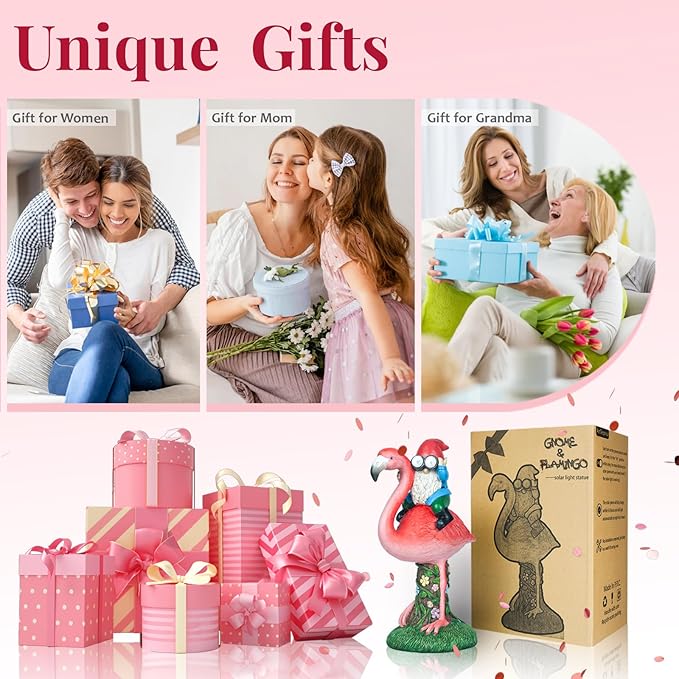 Solar Flamingo Gnome Garden Decor Statue, Outdoor Funny Solar Light Decoration for Yard, Patio, Lawn, Unique Housewarming, Birthday Gift for Women, Mom, Grandma