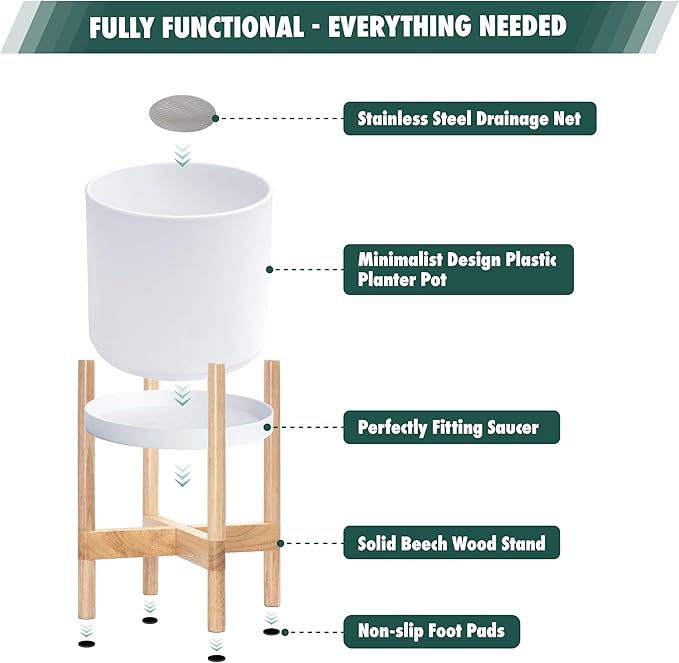 D'vine Dev Planter Pot with Stand - 10 Inch Plastic Cylinder Flower Pot with Wood Planter Holder for Indoor, Matte White Pot + Natural Stand, 55-C-M-1