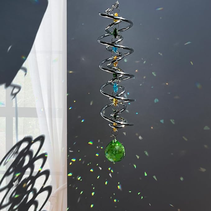 FONMY Gazing Ball Spiral Tail -Decorative Wind Spinner Sun Catcher Rainbow Maker Double-Spiral W/Green Crystal Ball and Chain Crystals for Indoor Outdoor Garden Decoration -14 inch Height