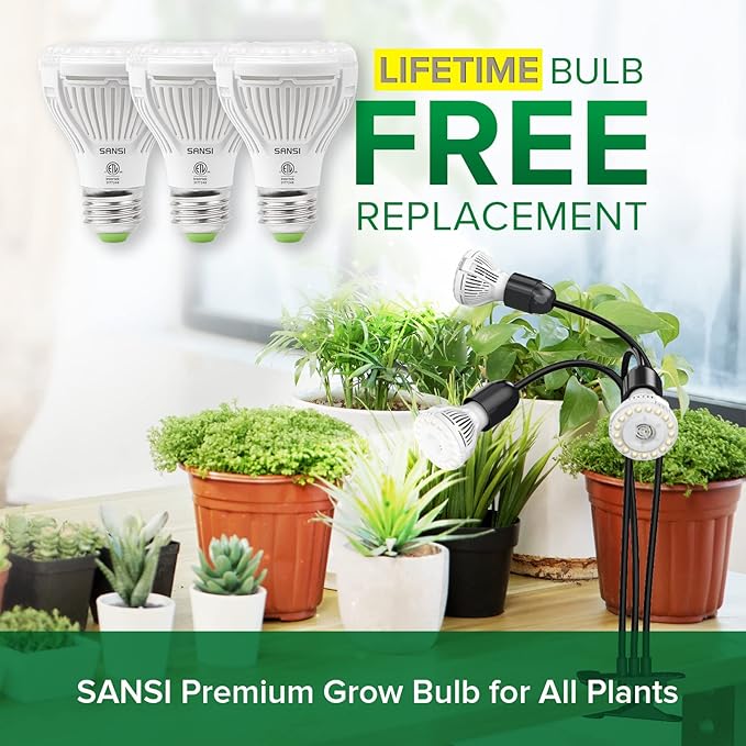 SANSI LED Grow Lights for Indoor Plants, Lifetime Free Bulb Replacement, 450W Full Spectrum 3-Gooseneck Clip Plant Grow Light, Plant Light with Timer 4/8/12 Hrs, High PPFD Growing Power Grow Lamp