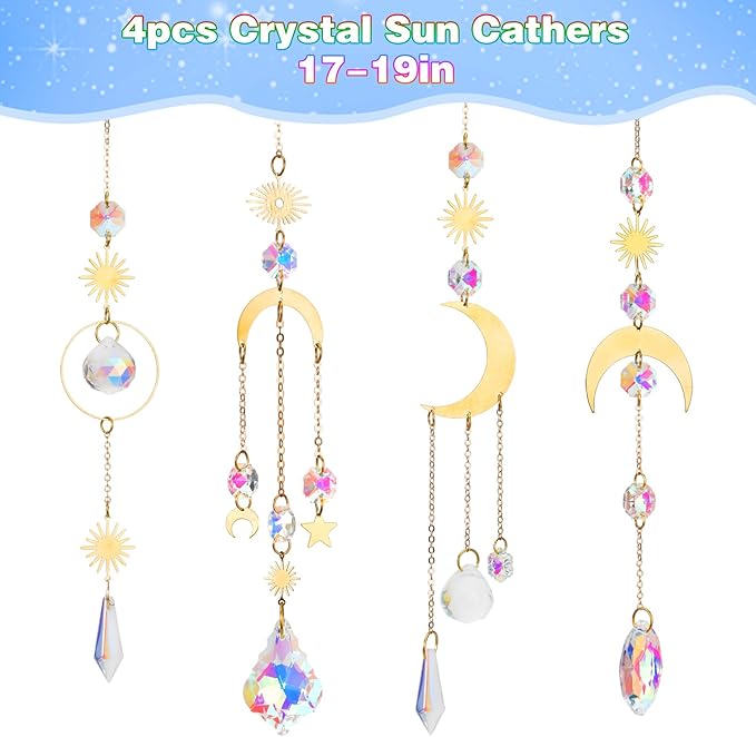 Crystal Suncatcher, 4pcs Sun Catchers Indoor Window Hanging Crystals for Windows Prism Rainbow Makers for Ceiling Garden Porch Decor Christmas Decorations Home Party Wedding Ornaments