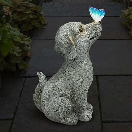 Solar Garden Outdoor Statues Dog with Butterfly Lights, Lawn Decor Puppy Figurine for Patio Balcony Yard, Yard Unique Christmas Birthdays Gift for Mom Grandma