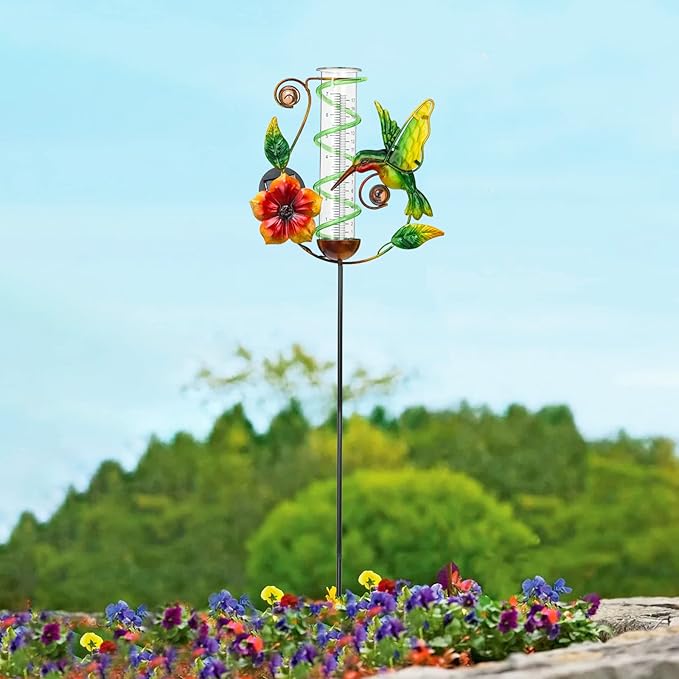 LEWIS&WAYNE 36.3” Hummingbird Rain Gauge Outdoor, 7” Glass Tube Solar Powered 10 Warm White LEDs Garden Metal Stakes Decorative Waterproof for Yard Garden Patio Lawn