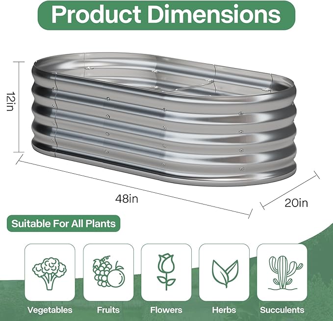Galvanized Raised Garden Bed Kit, Galvanized Planter Garden Boxes Outdoor, Oval Large Metal for Vegetables,Flower,4x1.8x1FT