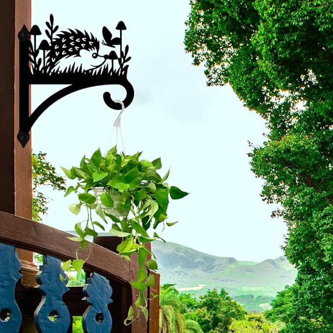 peacoblue Iron Plant Hangers Hooks for Outdoor Indoor Hanging Plants Flower Fern Pots Lantern Bird Feeder Wind Chimes, 12”x14” Weather Resistant Metal Wall Holder for Porch Garden Farmhouse(Hedgehog)