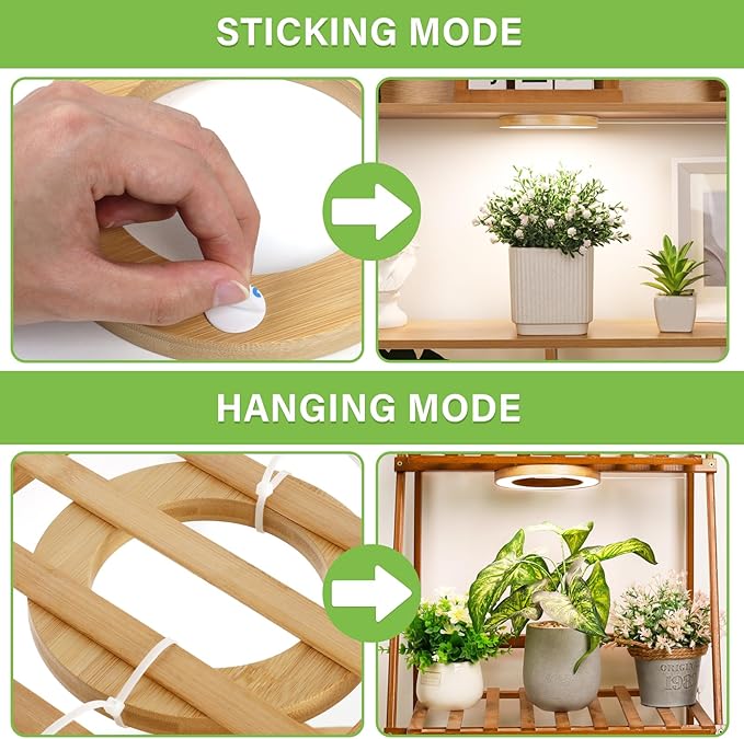 LORDEM 6.3" Bamboo Ceiling Grow Lamp for Indoor Plants, 216 LEDs Full Spectrum Halo Plant Light, Under Cabinet Grow Lights with 4/8/12H Auto Timer Switch Modes, 4 Dimmable Brightness Levels, Tri Head