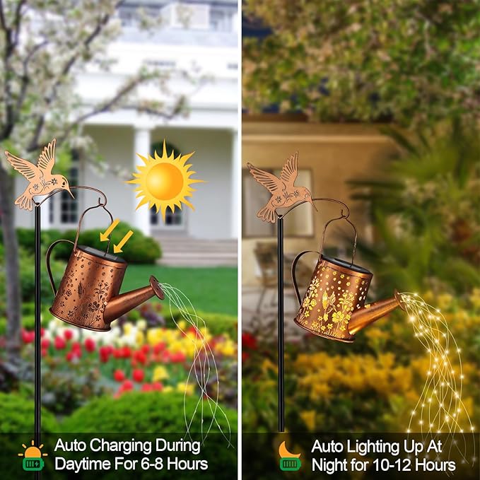 Outdoor Hanging Solar Lantern Waterproof Set Outside Metal Sprinkler Openwork Hummingbird Landscape Lights for Garden Yard Patio Pathway Decor Birthday Gifts for Women Mom Grandma -with Floor Pole