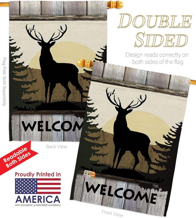Welcome Deer House Flag Eagle Set Animals Wildlife Outdoor Bear Wolf Pet Nature Farm Animal Creature Small Decorative Gift Yard Banner Double-Sided Made In USA 28 X 40