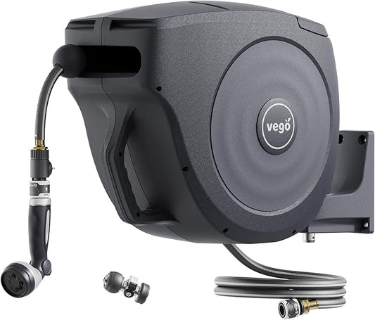 Garden Hose Reel Retractable 5/8" x 50ft Wall Mounted Hose Reel Automatic Rewind, Any Length Lock with 9 Patterns Sprayer Nozzle, Quick Connector and Adjustable shot Nozzle- Tidepool Blue