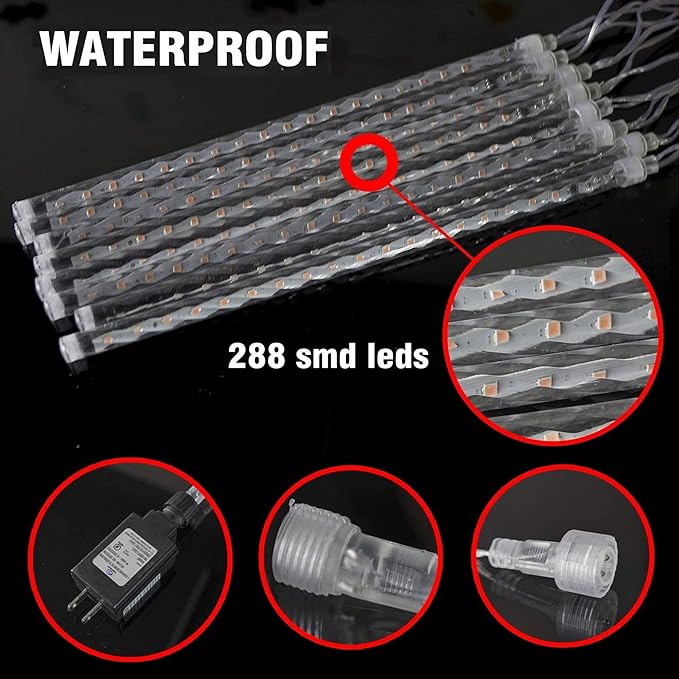 TW SHINE Christmas Meteor Shower Lights Outdoor, 864 LED 12" 24 Tubes Waterproof Christmas Lights Outdoor Plug in, Snow Falling Rain Icicle Xmas Lights Decorations, Warm White