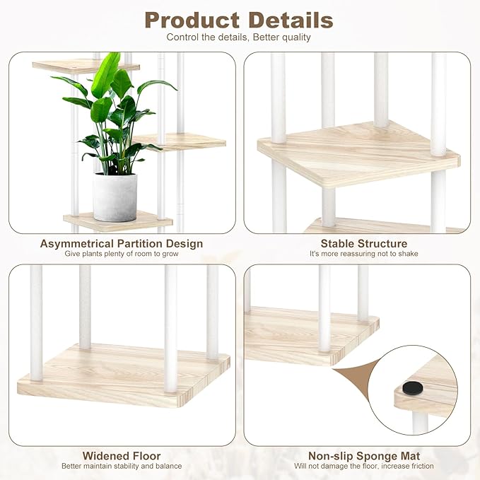 6 Tier Wood Tall Plant Stand Metal Rack Indoor, Multiple Flower Pot Holder Shelves Corner Rack, Planter Shelf Display Rack Storage Organizer for Patio Living Room Balcony Garden(White Oak)