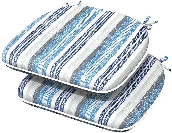 Indoor/Outdoor Chair Cushions 16x17 Inch, Patio Chair Cushions with Ties, All Weather Seat Cushions for Patio Furniture Home Garden Chair Use, Set of 2, Stripe Layered Blue