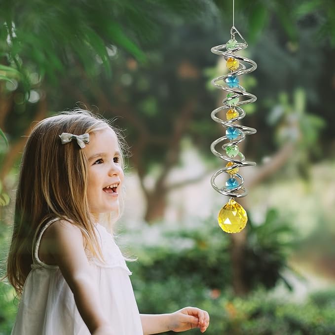 FONMY Gazing Ball Spiral Tail -Decorative Wind Spinner Sun Catcher Rainbow Maker Double-Spiral W/Golden Crystal Ball and Chain Crystals for Indoor Outdoor Garden Decoration -14 inch Height